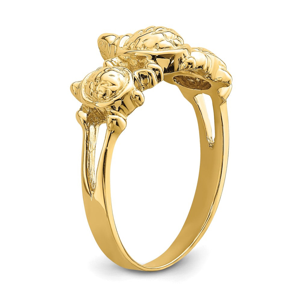 14K Yellow Gold Textured Three Sea Turtle Ring