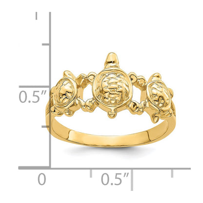 14K Yellow Gold Textured Three Sea Turtle Ring