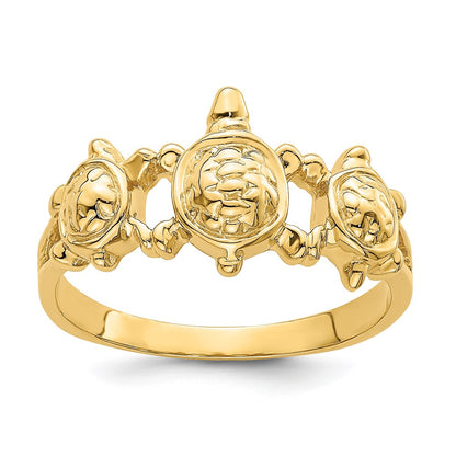 14K Yellow Gold Textured Three Sea Turtle Ring