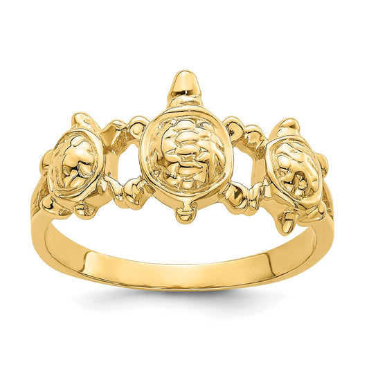14K Yellow Gold Textured Three Sea Turtle Ring
