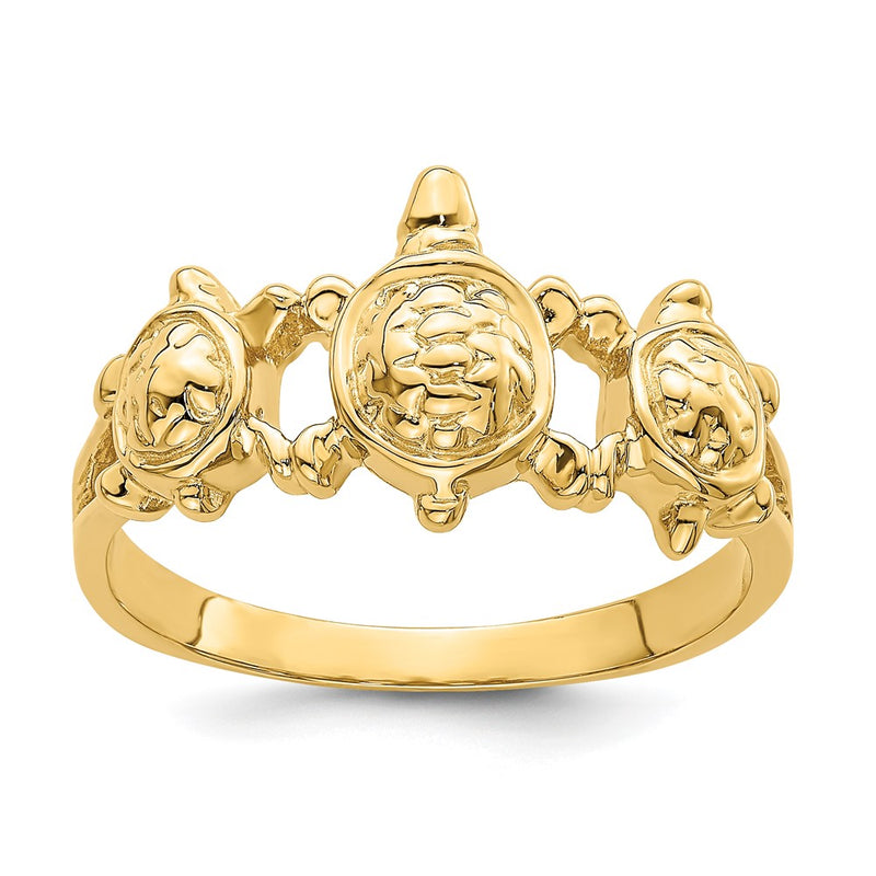14K Yellow Gold Textured Three Sea Turtle Ring