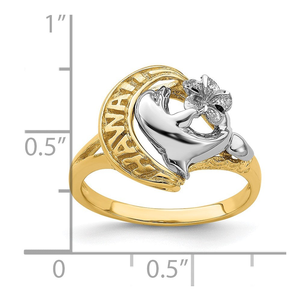 14k Two-Tone Gold HAWAII Dolphin and Flower Ring