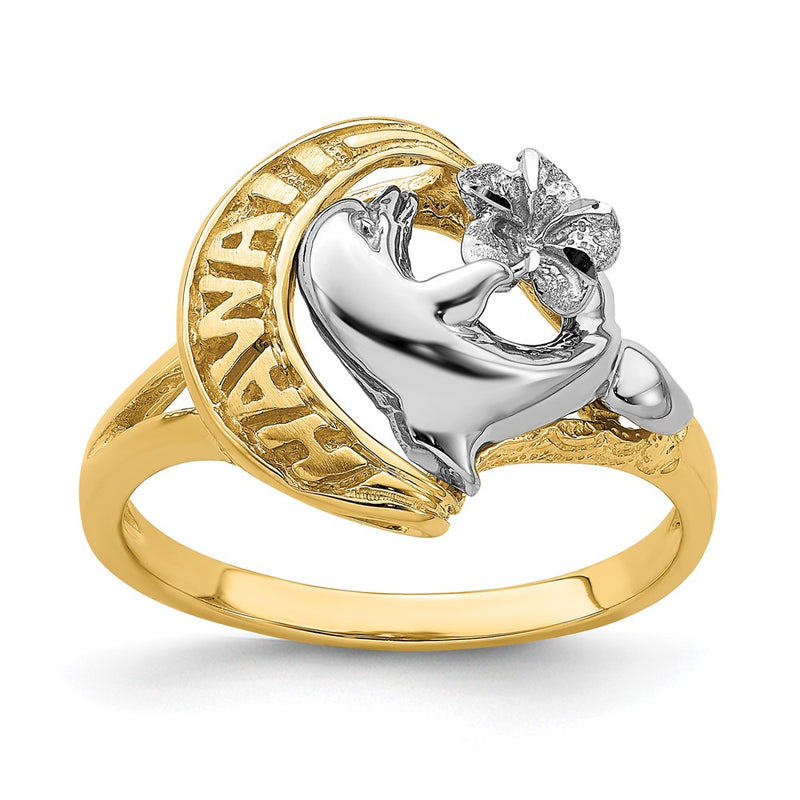 14k Two-Tone Gold HAWAII Dolphin and Flower Ring