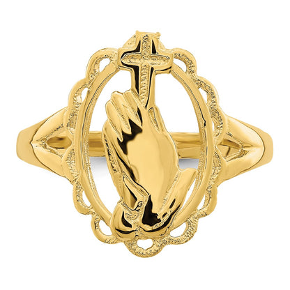 14K Yellow Gold Polished Praying Hands and Cross Ring