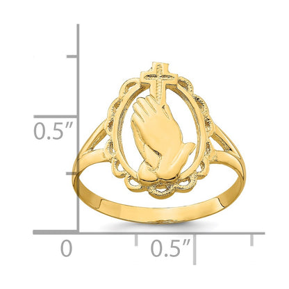 14K Yellow Gold Polished Praying Hands and Cross Ring