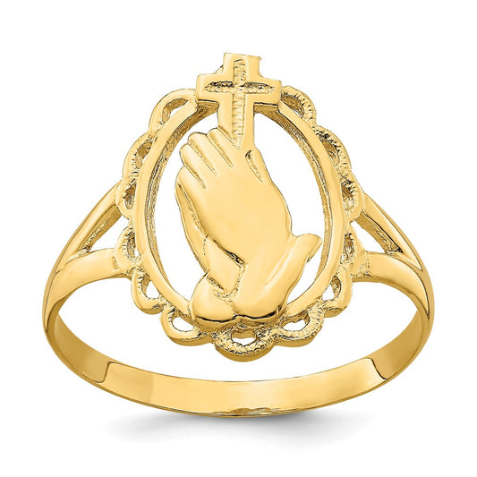 14K Yellow Gold Polished Praying Hands and Cross Ring