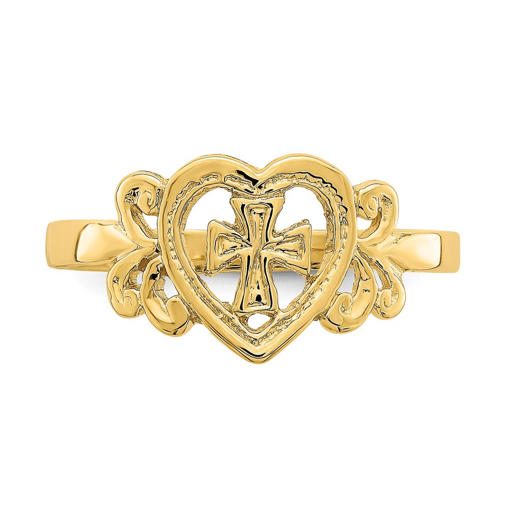 14K Yellow Gold Polished Cross In Heart Ring