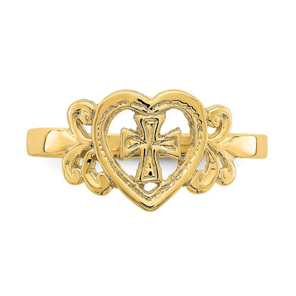 14K Yellow Gold Polished Cross In Heart Ring