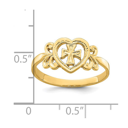 14K Yellow Gold Polished Cross In Heart Ring