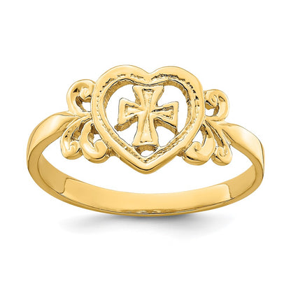 14K Yellow Gold Polished Cross In Heart Ring