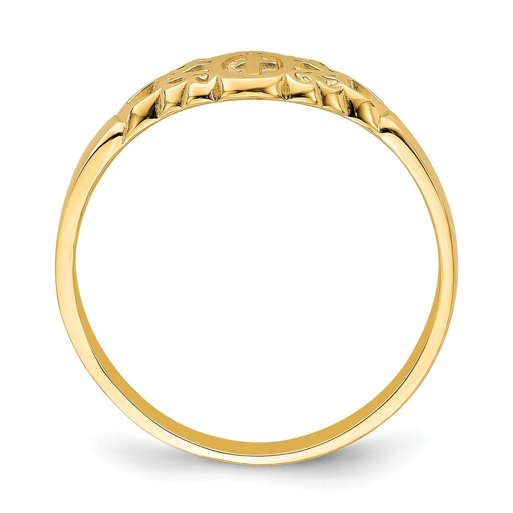 14K Yellow Gold Cross Inside Oval W/Scroll and Heart Ring