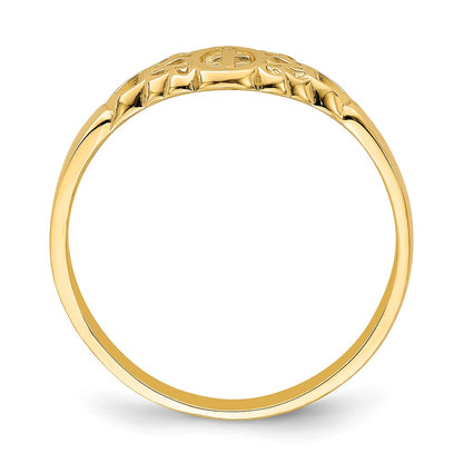 14K Yellow Gold Cross Inside Oval W/Scroll and Heart Ring