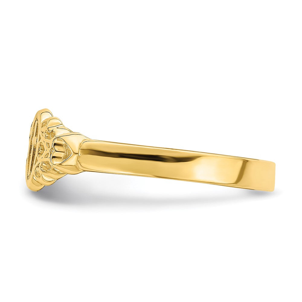 14K Yellow Gold Cross Inside Oval W/Scroll and Heart Ring
