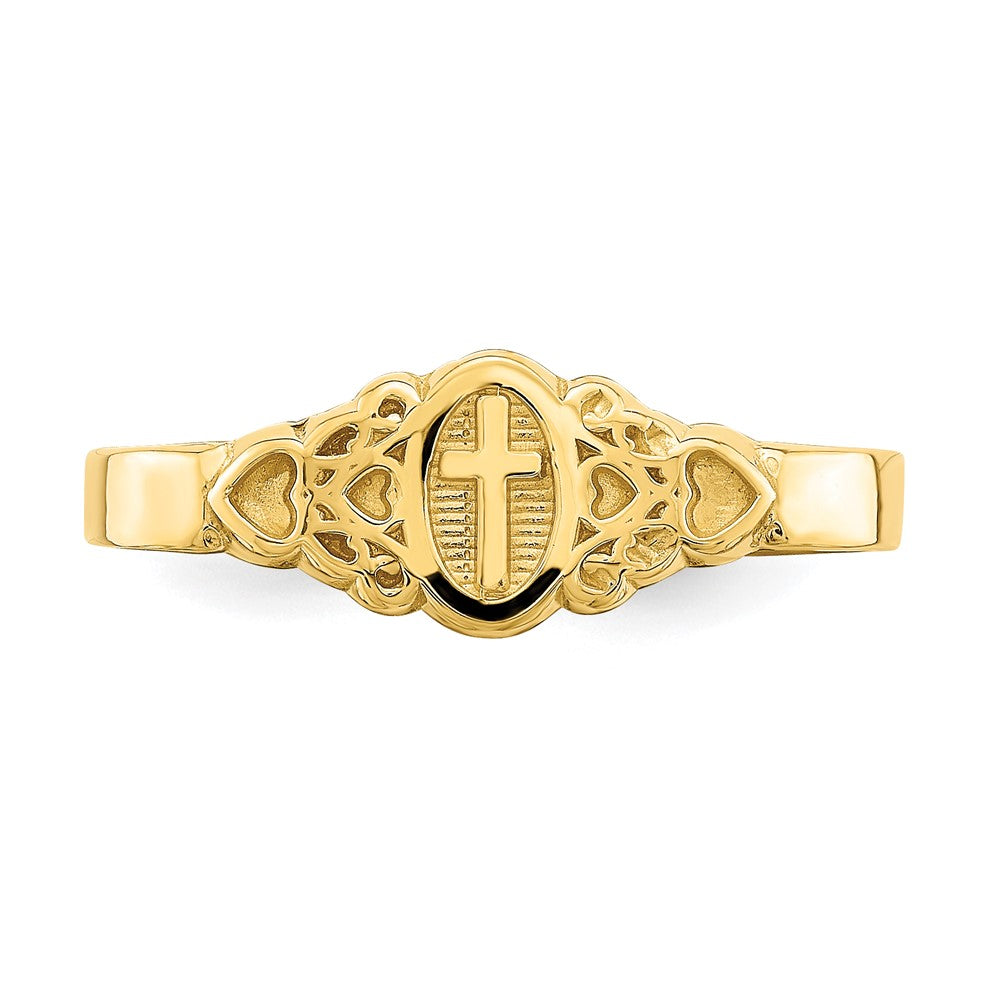 14K Yellow Gold Cross Inside Oval W/Scroll and Heart Ring