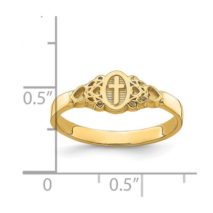 14K Yellow Gold Cross Inside Oval W/Scroll and Heart Ring