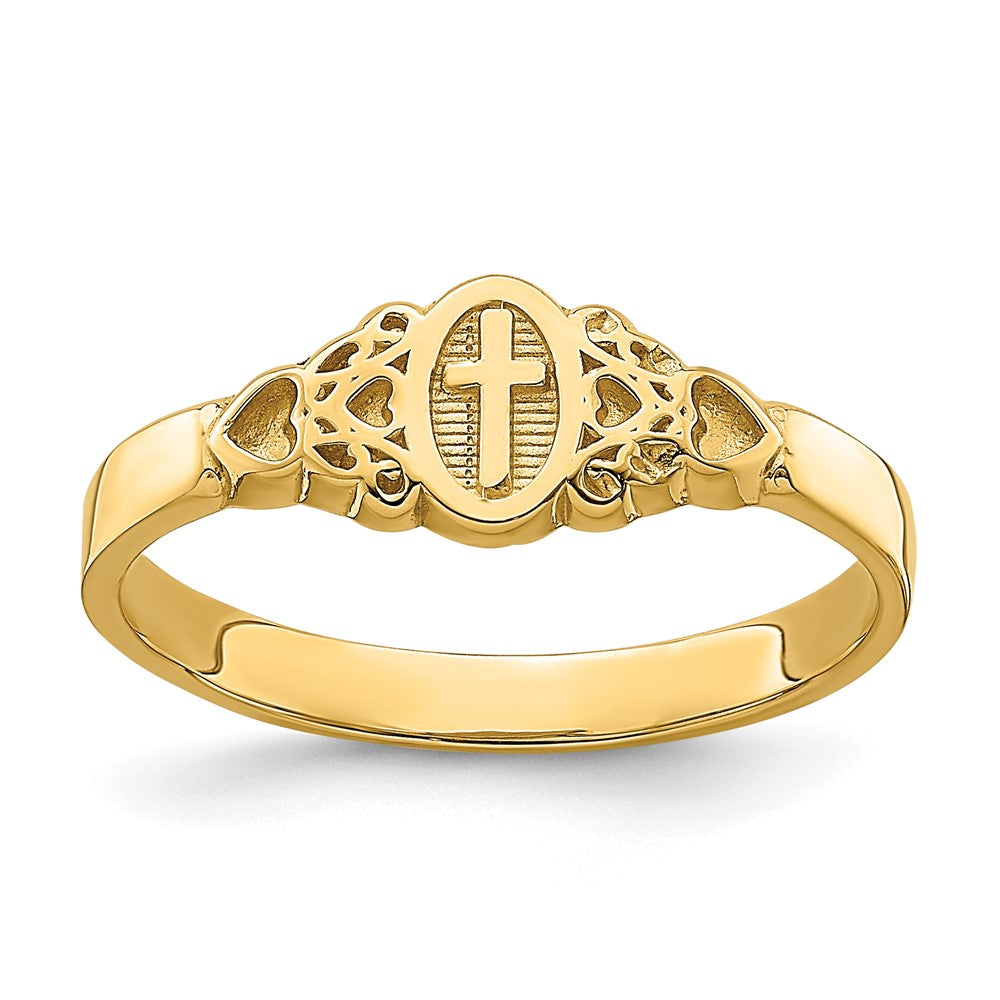 14K Yellow Gold Cross Inside Oval W/Scroll and Heart Ring