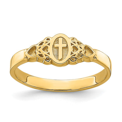 14K Yellow Gold Cross Inside Oval W/Scroll and Heart Ring