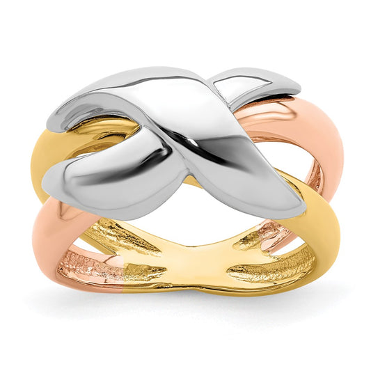 14k Tri-color Gold Polished Criss-Cross Fancy Band