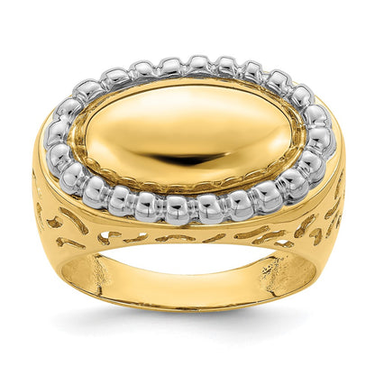 14K Two-Tone Gold Polished Beaded Frame Dome Ring
