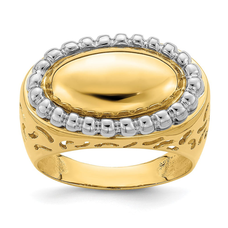 14K Two-Tone Gold Polished Beaded Frame Dome Ring