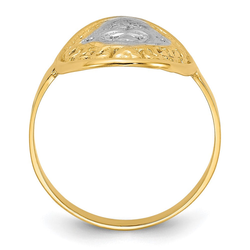 14k Yellow Gold w/Rhodium Oval Shield and Hearts Ring