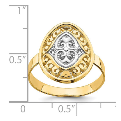 14k Yellow Gold w/Rhodium Oval Shield and Hearts Ring