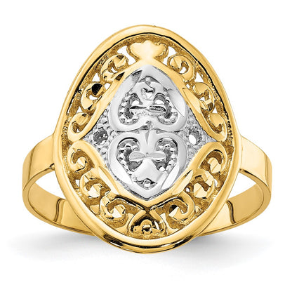 14k Yellow Gold w/Rhodium Oval Shield and Hearts Ring