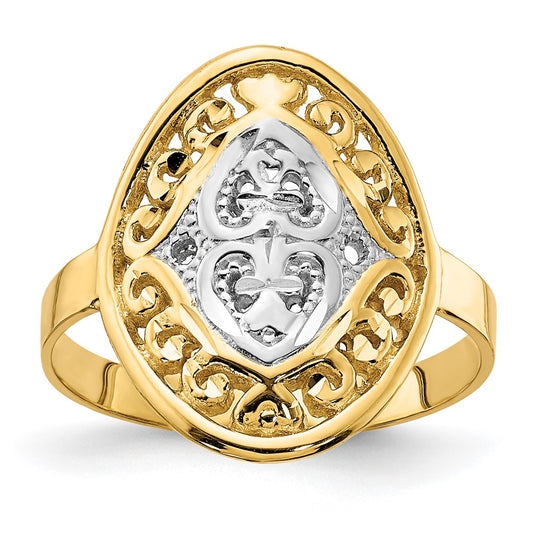 14k Yellow Gold w/Rhodium Oval Shield and Hearts Ring