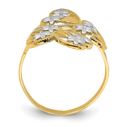 14k Yellow Gold w/ Rhodium D/C Flower and Hearts Bypass Ring