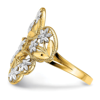 14k Yellow Gold w/ Rhodium D/C Flower and Hearts Bypass Ring