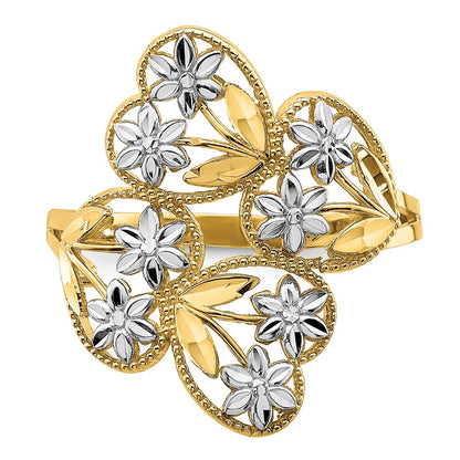14k Yellow Gold w/ Rhodium D/C Flower and Hearts Bypass Ring