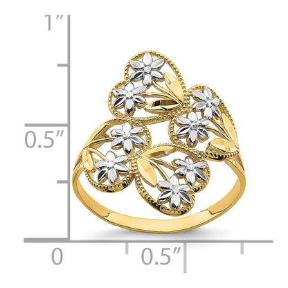 14k Yellow Gold w/ Rhodium D/C Flower and Hearts Bypass Ring