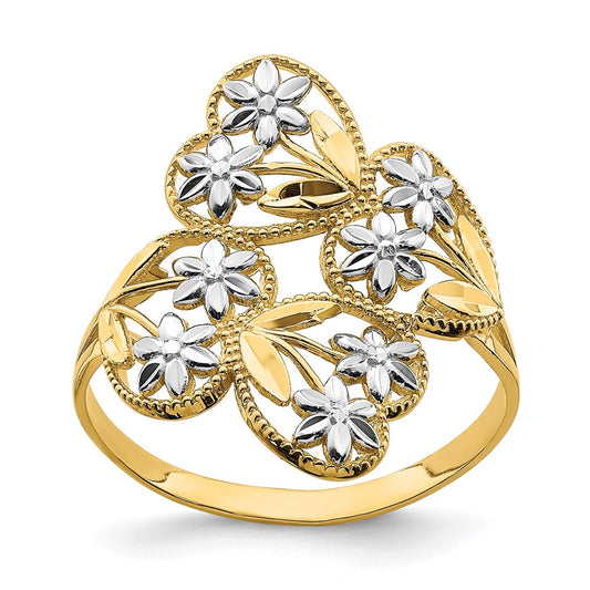 14k Yellow Gold w/ Rhodium D/C Flower and Hearts Bypass Ring