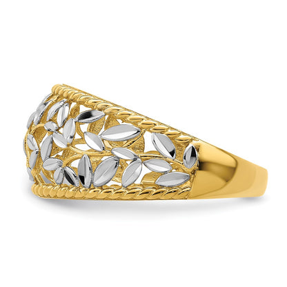 14k Yellow Gold w/Rhodium Diamond-cut Filigree Leaf Ring