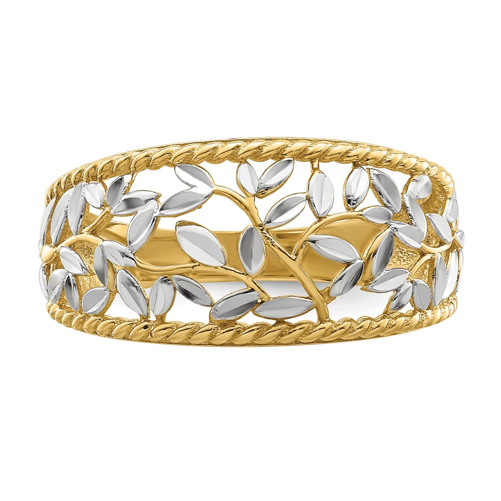 14k Yellow Gold w/Rhodium Diamond-cut Filigree Leaf Ring