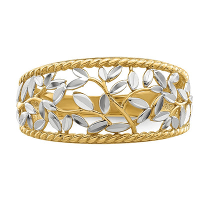 14k Yellow Gold w/Rhodium Diamond-cut Filigree Leaf Ring