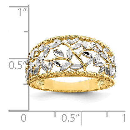 14k Yellow Gold w/Rhodium Diamond-cut Filigree Leaf Ring