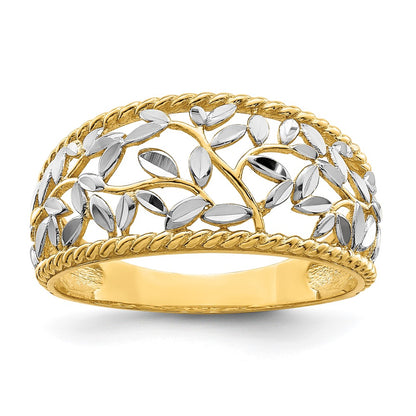 14k Yellow Gold w/Rhodium Diamond-cut Filigree Leaf Ring