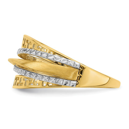 14k Two-Tone Gold Diamond-cut and Satin Greek Key Ring