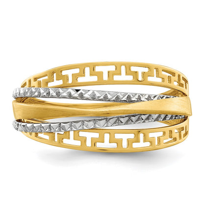 14k Two-Tone Gold Diamond-cut and Satin Greek Key Ring