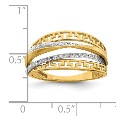 14k Two-Tone Gold Diamond-cut and Satin Greek Key Ring