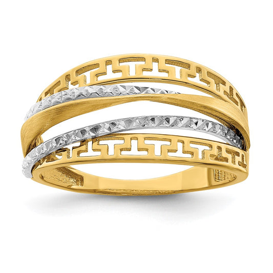 14k Two-Tone Gold Diamond-cut and Satin Greek Key Ring