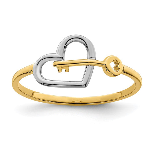 14k Yellow Gold w/Rhodium Heart and Key Ring
