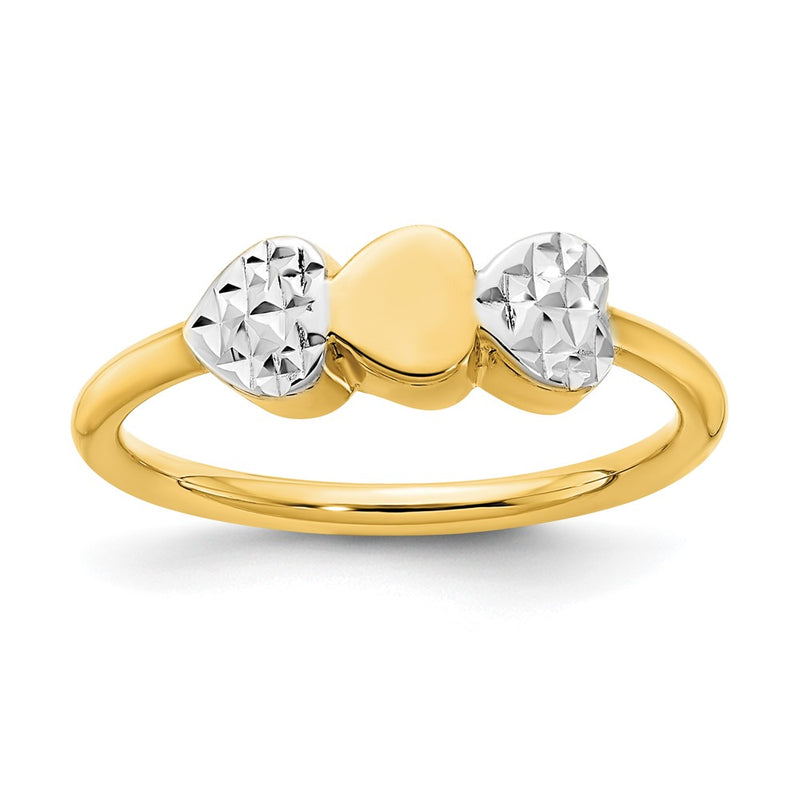 14k Yellow Gold & White Rhodium D/C Hearts Ring