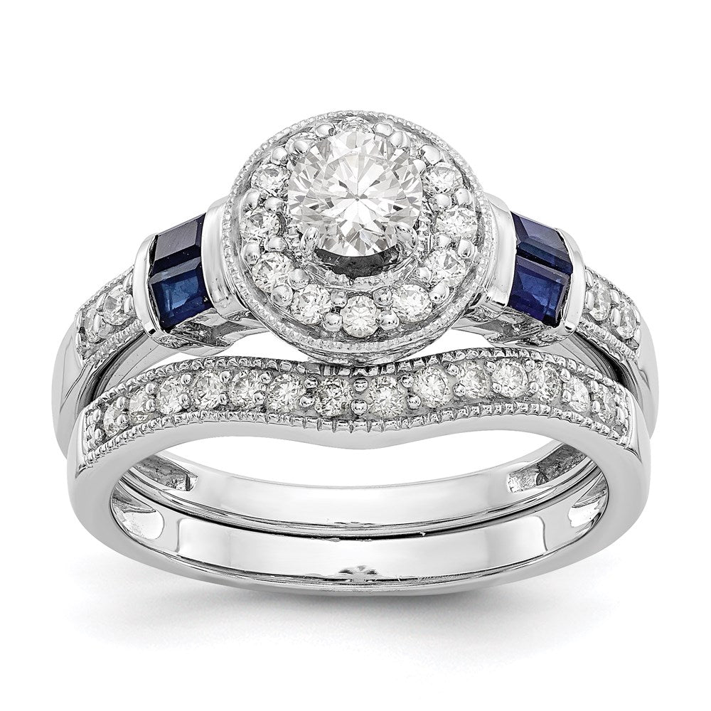 1 Ct. Natural Diamond & Blue Sapphire Halo Bridal Engagement Ring Set in 14K White Gold