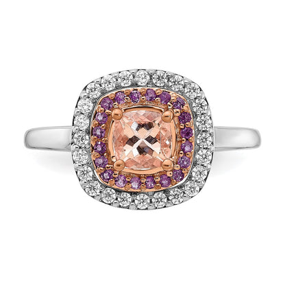 Solid 14k Two-tone White & Rose Gold Morganite/Simulated Amethyst Simulated/Simulated CZ Cushion Shape Ring