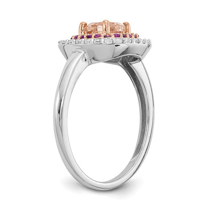 Solid 14k Two-tone White & Rose Gold Morganite/Simulated Amethyst Simulated/Simulated CZ Cushion Shape Ring