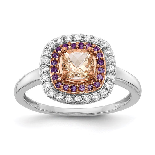 Solid 14k Two-tone White & Rose Gold Morganite/Simulated Amethyst Simulated/Simulated CZ Cushion Shape Ring