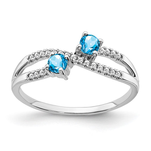 Solid 14k White Gold Two-stone Simulated Blue Topaz and CZ Ring
