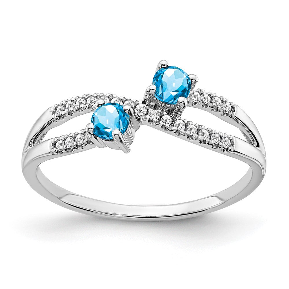 14k White Gold Two-stone Blue Topaz and Real Diamond Ring